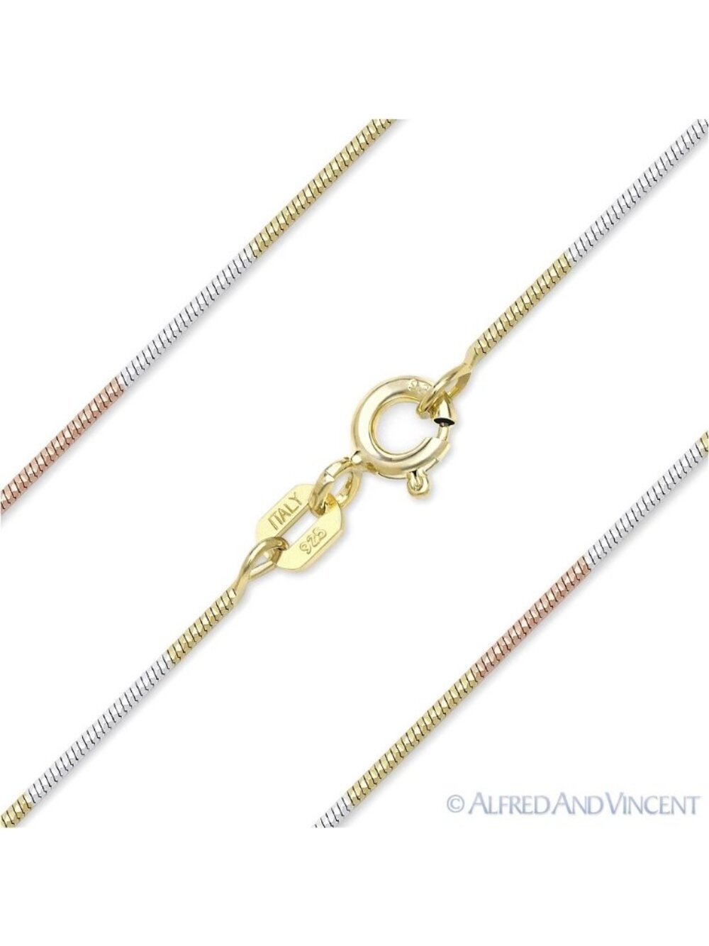0.7mm D-Cut Snake Link Sterling Silver Chain Necklace w/ 14k Gold & Rhodium 20"